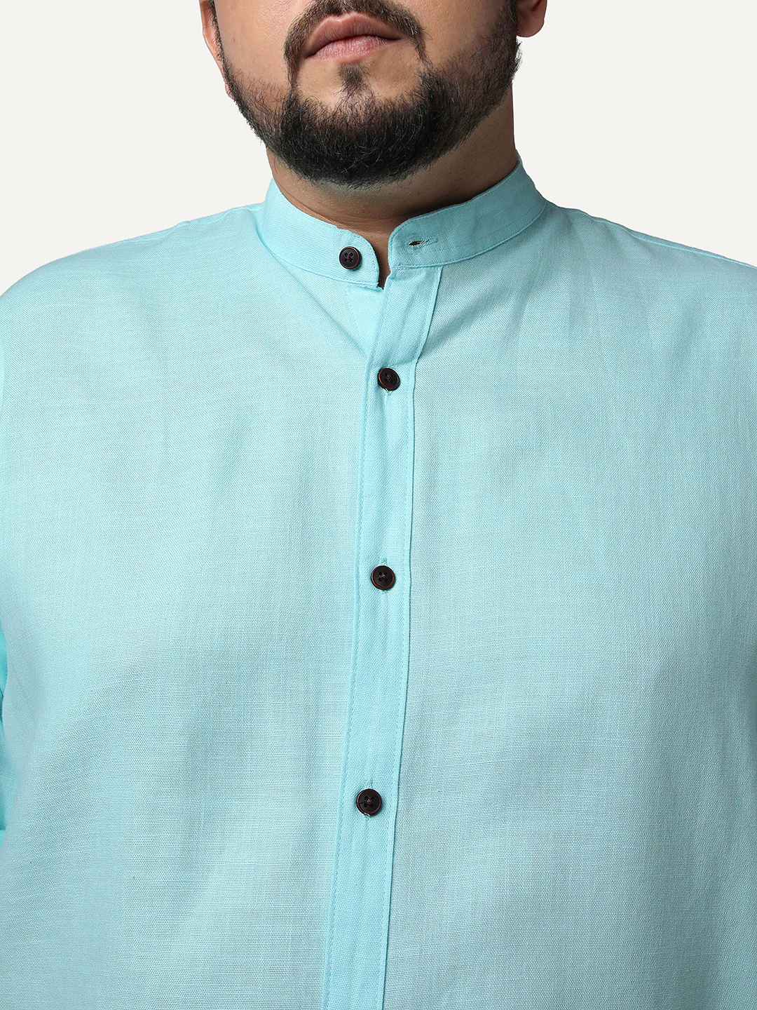 Plus Men's Sky Blue Linen Blend Full Sleeve Relaxed Fit Mandarin Collar Casual Solid Shirt - Image 5