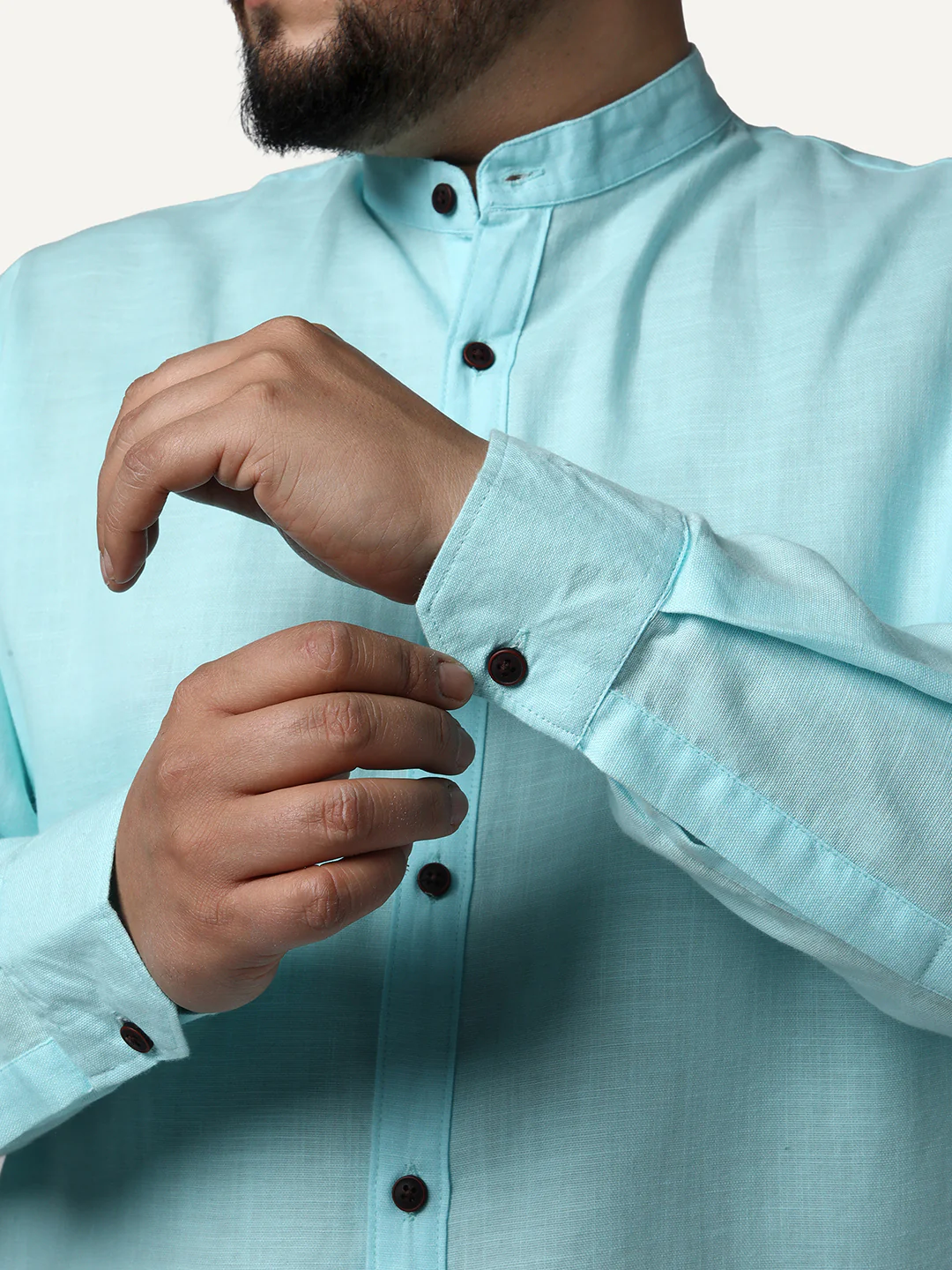Plus Men's Sky Blue Linen Blend Full Sleeve Relaxed Fit Mandarin Collar Casual Solid Shirt - Image 6