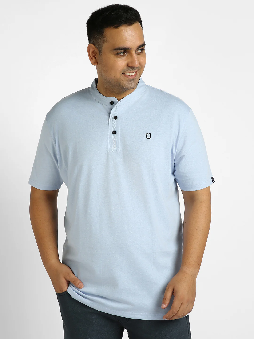 Plus Men's Sky Blue Melange Solid Mandarin Collar Regular Fit Half Sleeve Cotton T-Shirt - Image 2