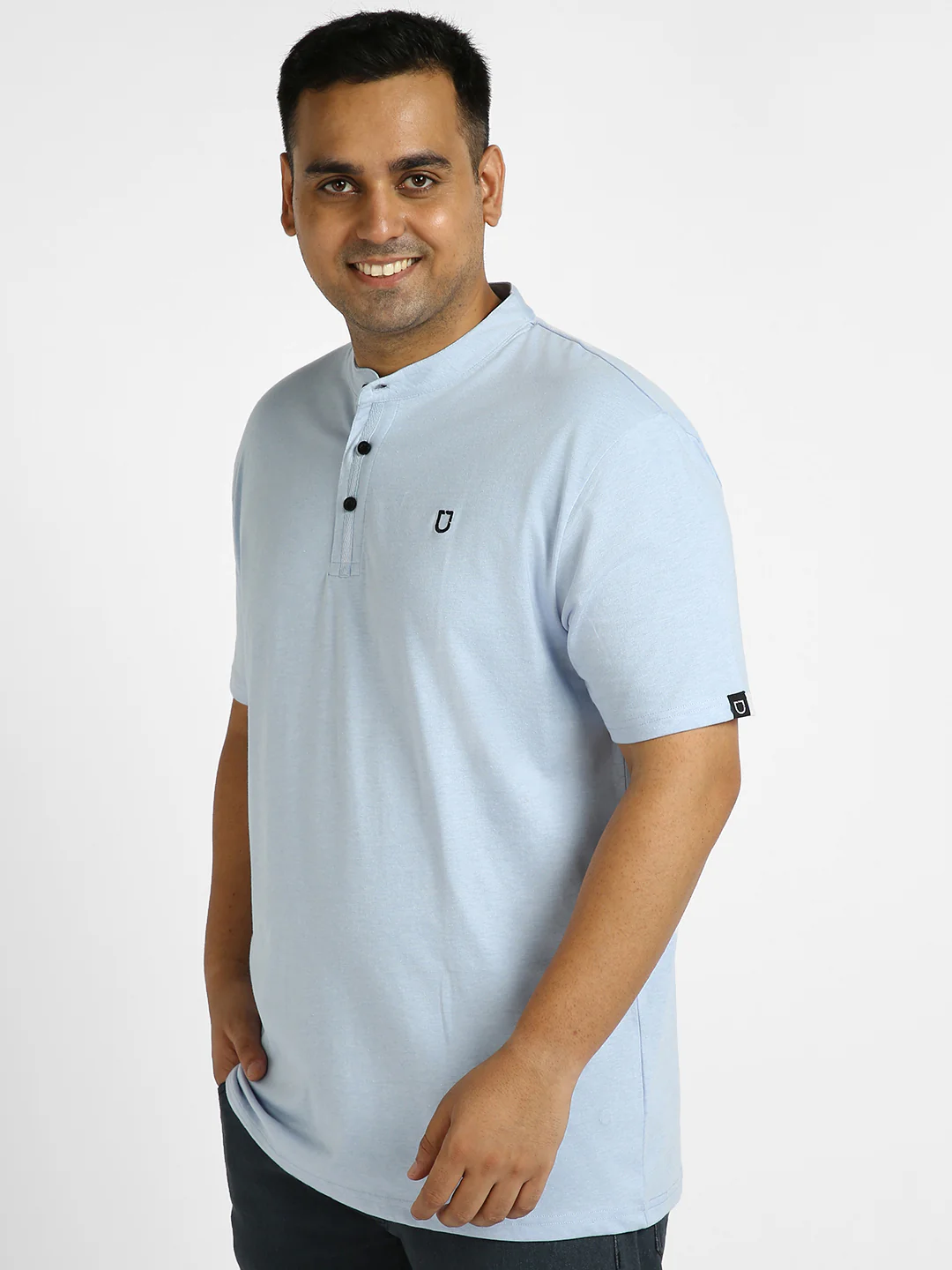 Plus Men's Sky Blue Melange Solid Mandarin Collar Regular Fit Half Sleeve Cotton T-Shirt - Image 3