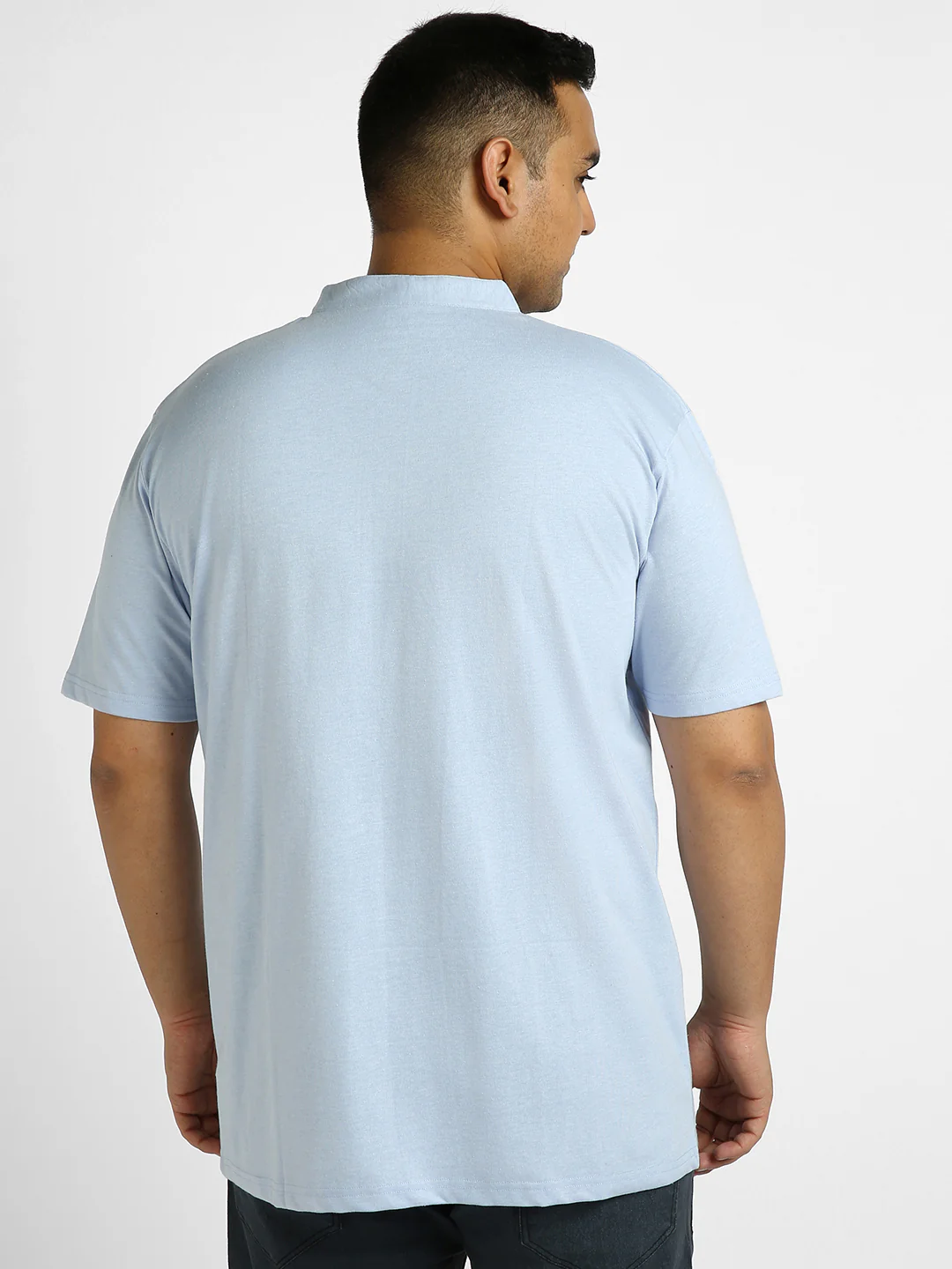Plus Men's Sky Blue Melange Solid Mandarin Collar Regular Fit Half Sleeve Cotton T-Shirt - Image 4