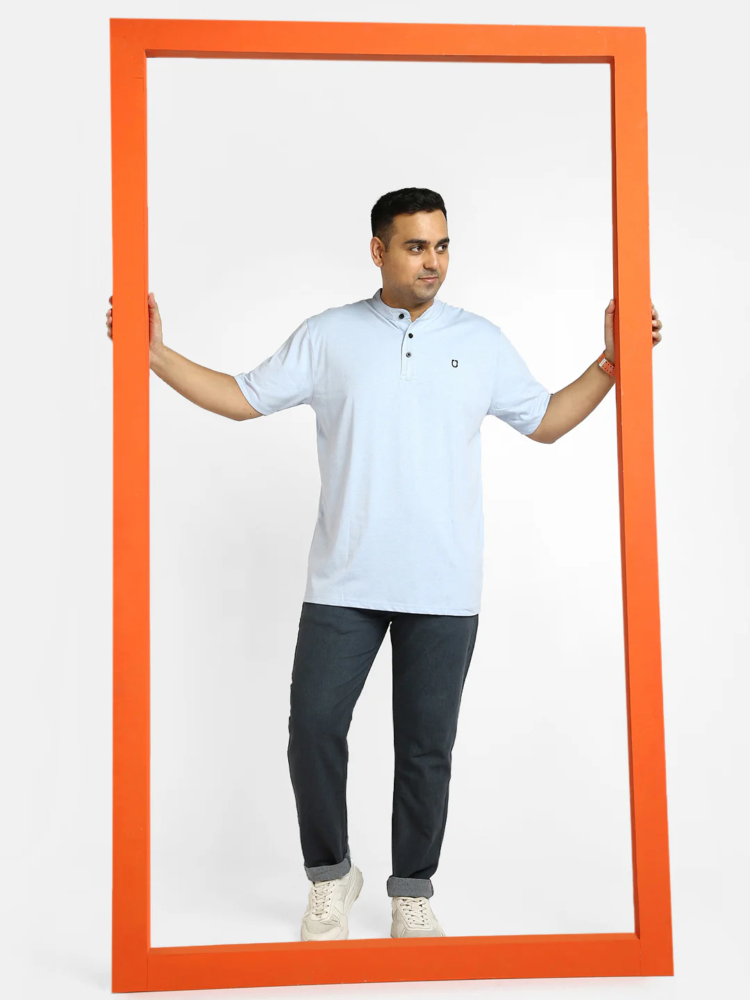 Plus Men's Sky Blue Melange Solid Mandarin Collar Regular Fit Half Sleeve Cotton T-Shirt - Image 5