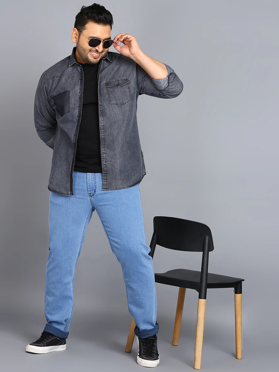 Plus Men's Sky Blue Regular Fit Washed Jeans Stretchable - Image 5