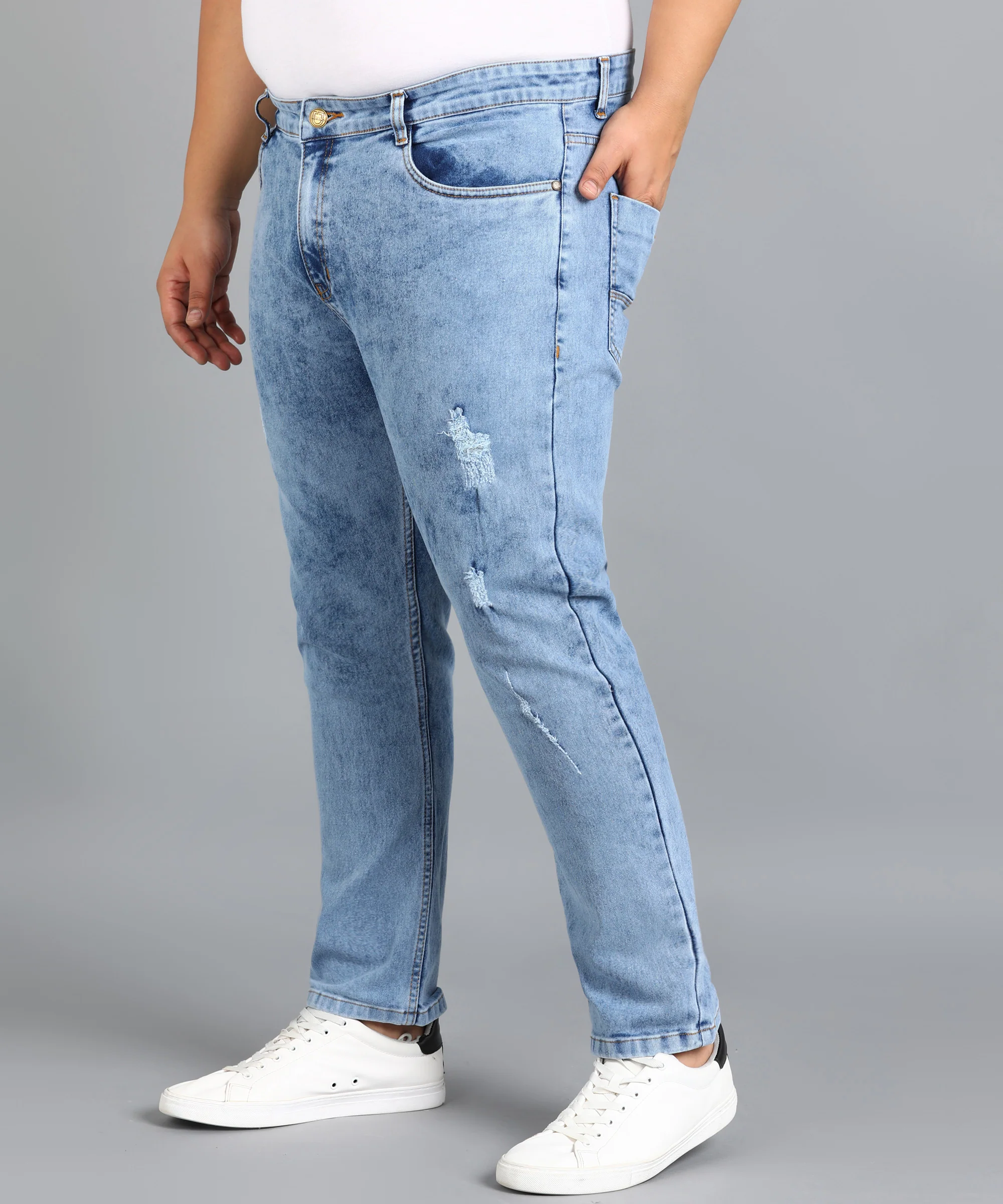 Plus Men's Sky Blue Slim Fit Washed Mild Distressed/Torn Jeans Stretchable - Image 2