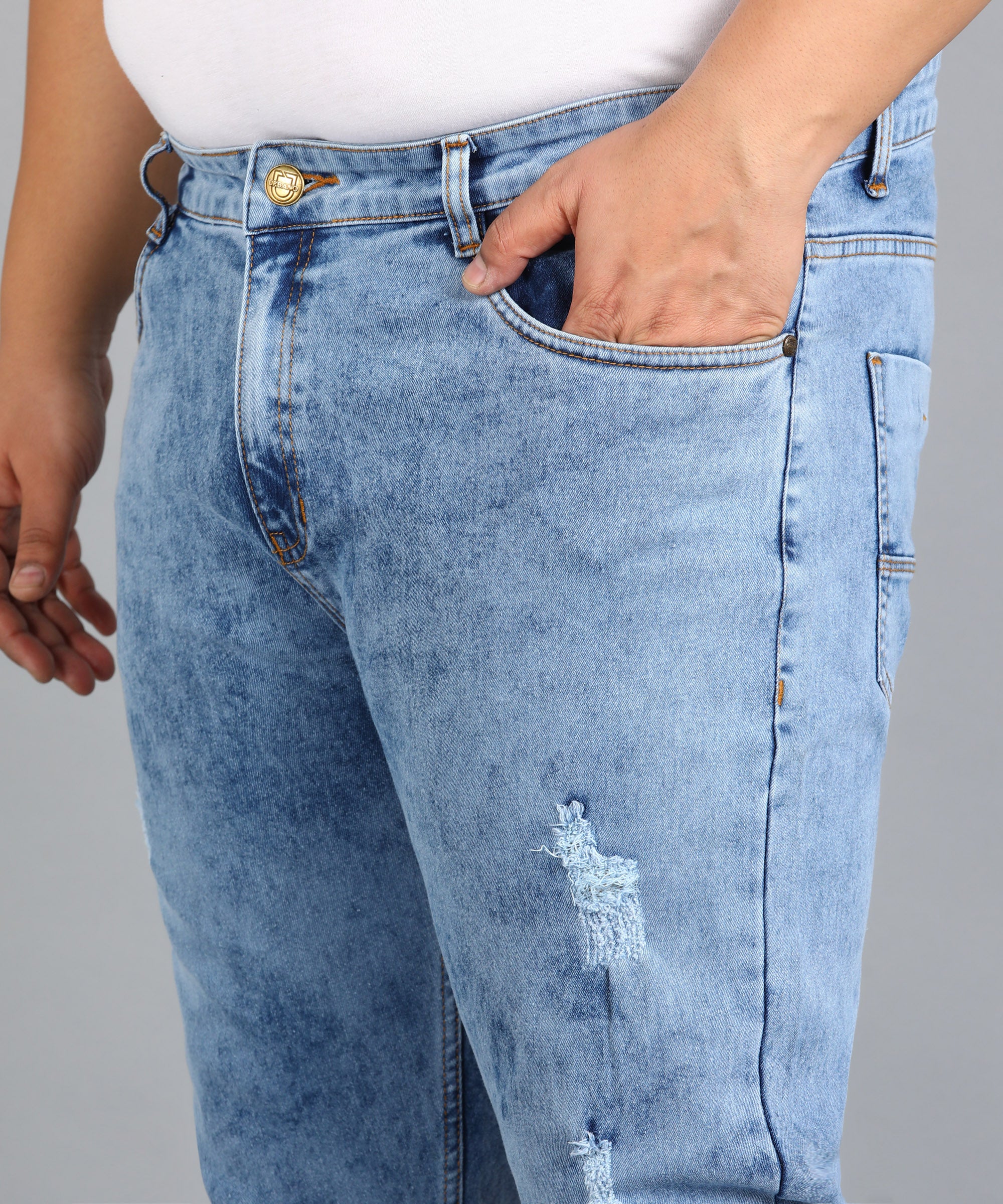 Plus Men's Sky Blue Slim Fit Washed Mild Distressed/Torn Jeans Stretchable - Image 5