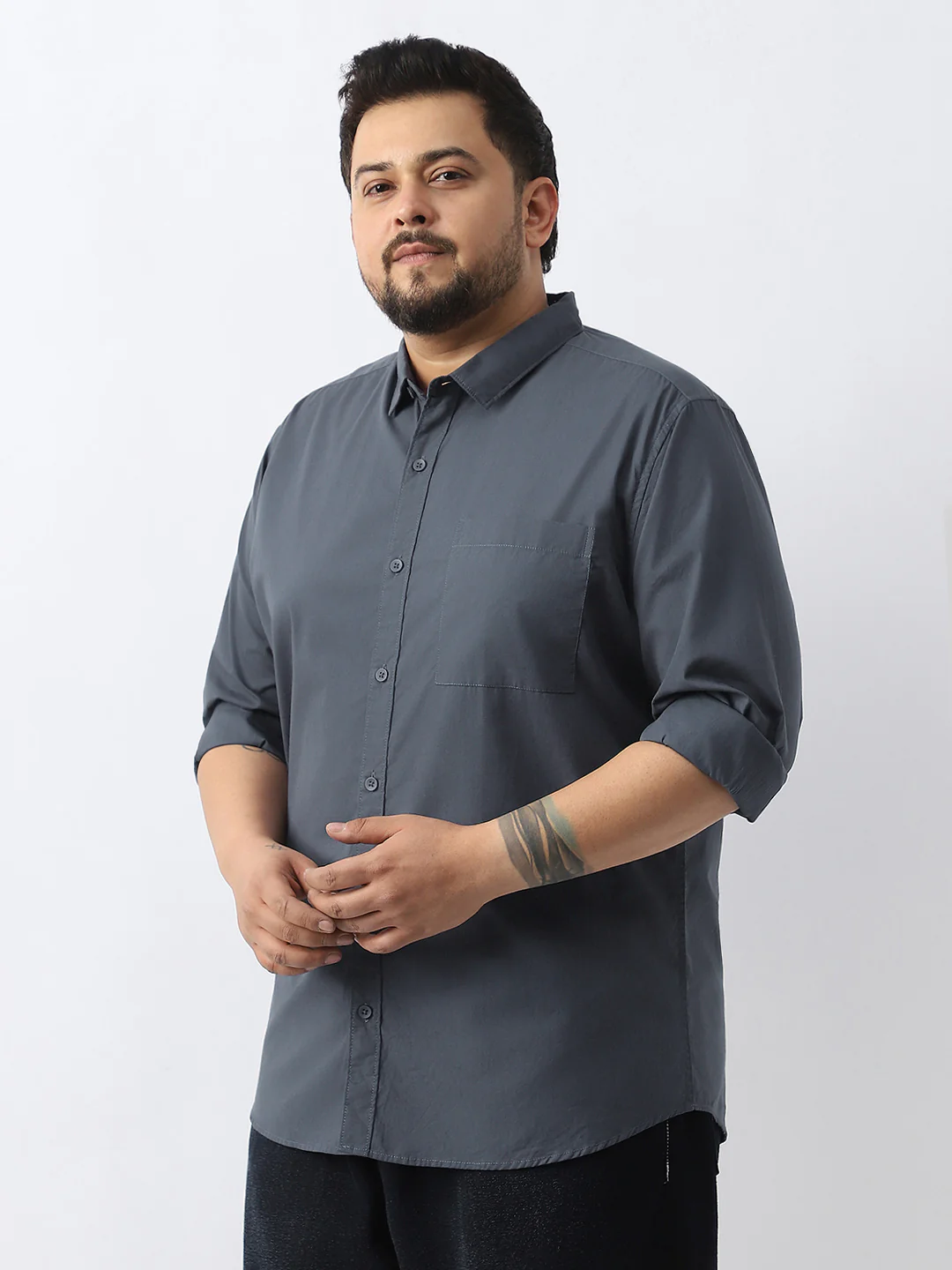 Plus Men's Slate Blue Cotton Full Sleeve Regular Fit Casual Solid Shirt - Image 3