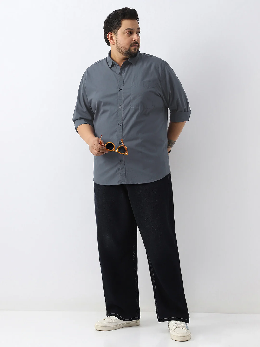 Plus Men's Slate Blue Cotton Full Sleeve Regular Fit Casual Solid Shirt - Image 5