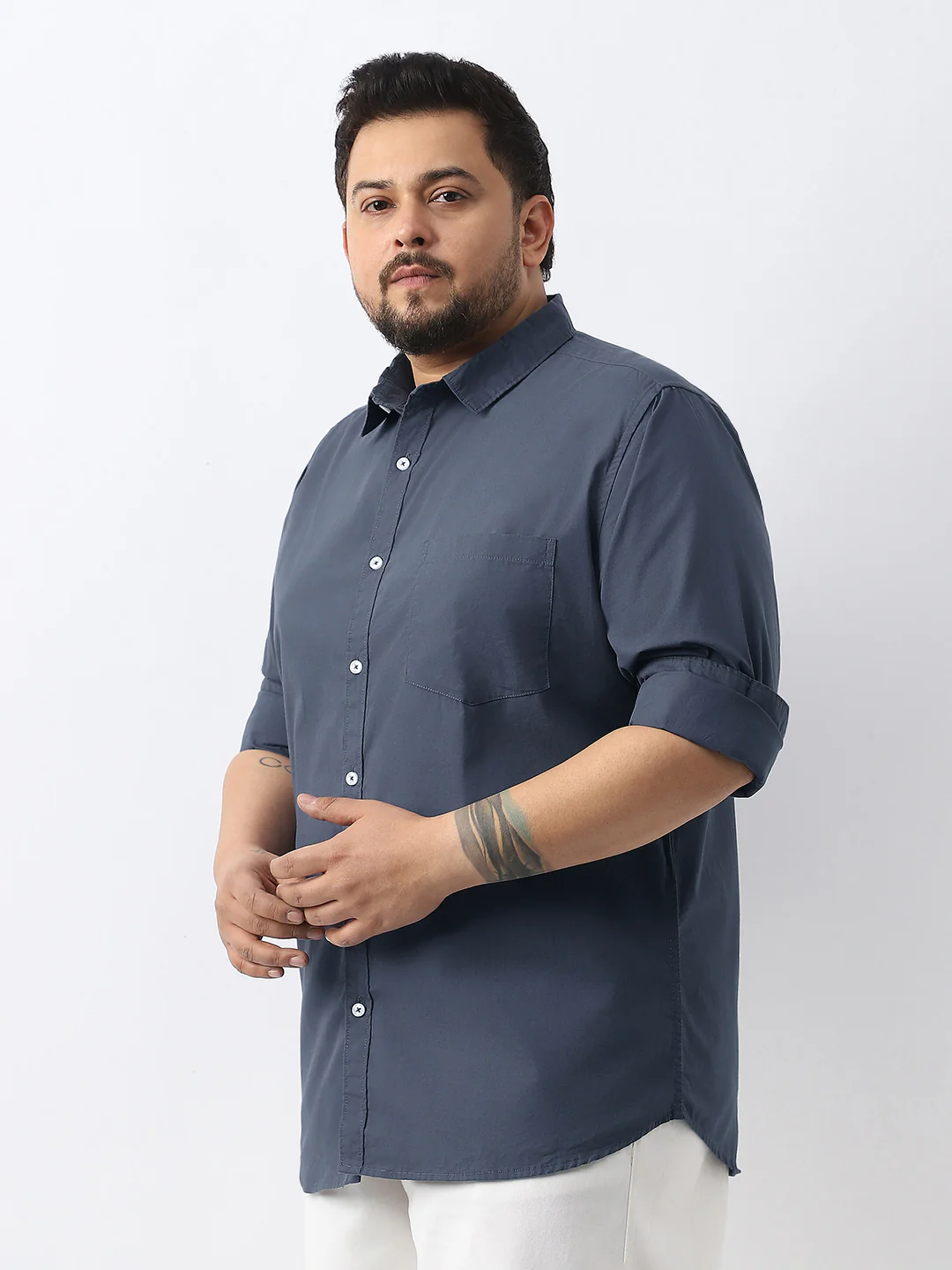 Plus Men's Slate Blue Cotton Full Sleeve Regular Fit Casual Solid Shirt - Image 3