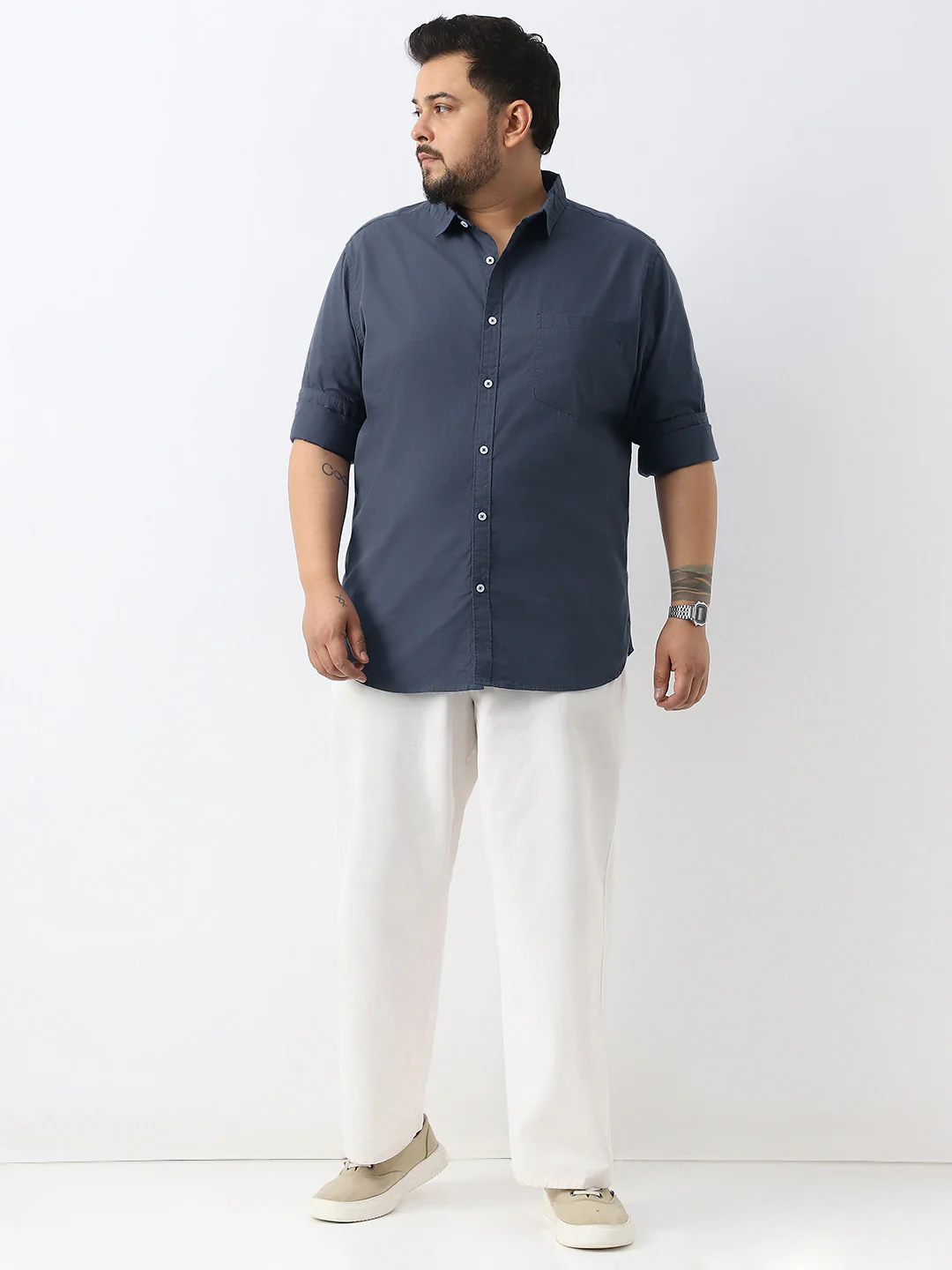 Plus Men's Slate Blue Cotton Full Sleeve Regular Fit Casual Solid Shirt - Image 5