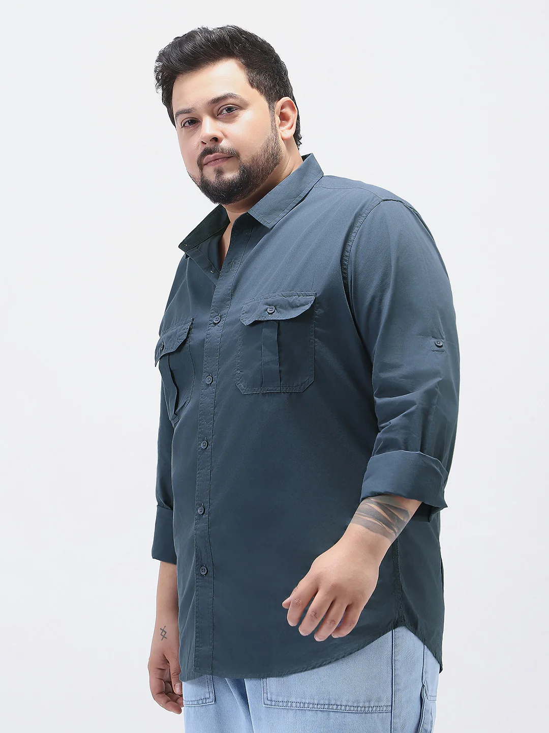 Plus Men's Slate Blue Cotton Full Sleeve Regular Fit Casual Solid Shirt - Image 3