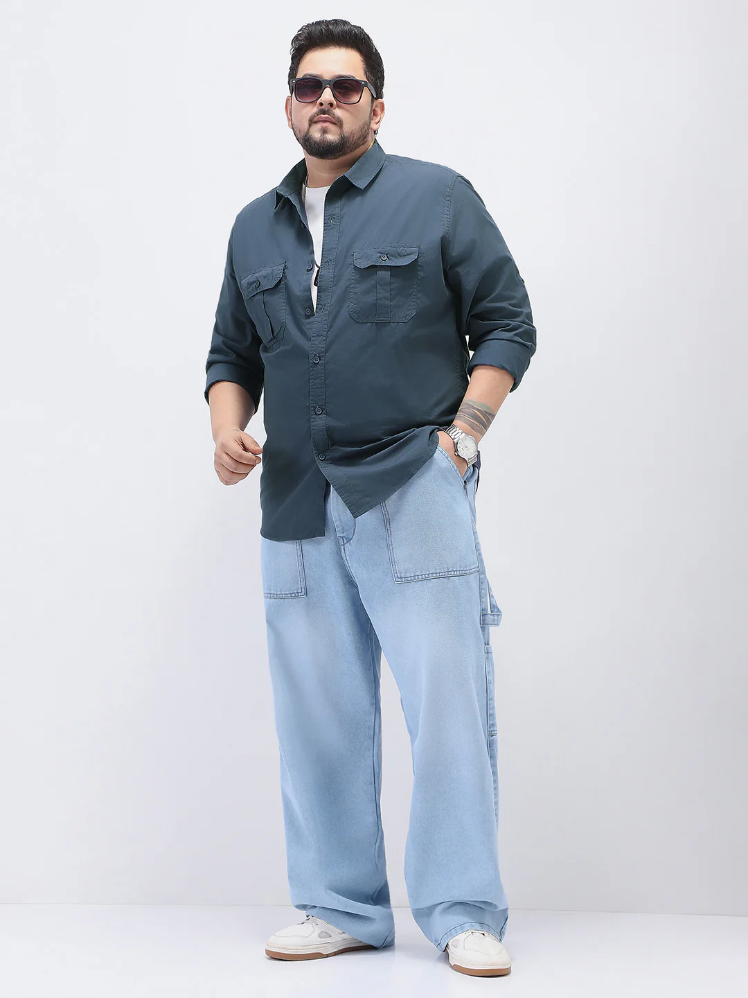 Plus Men's Slate Blue Cotton Full Sleeve Regular Fit Casual Solid Shirt - Image 5