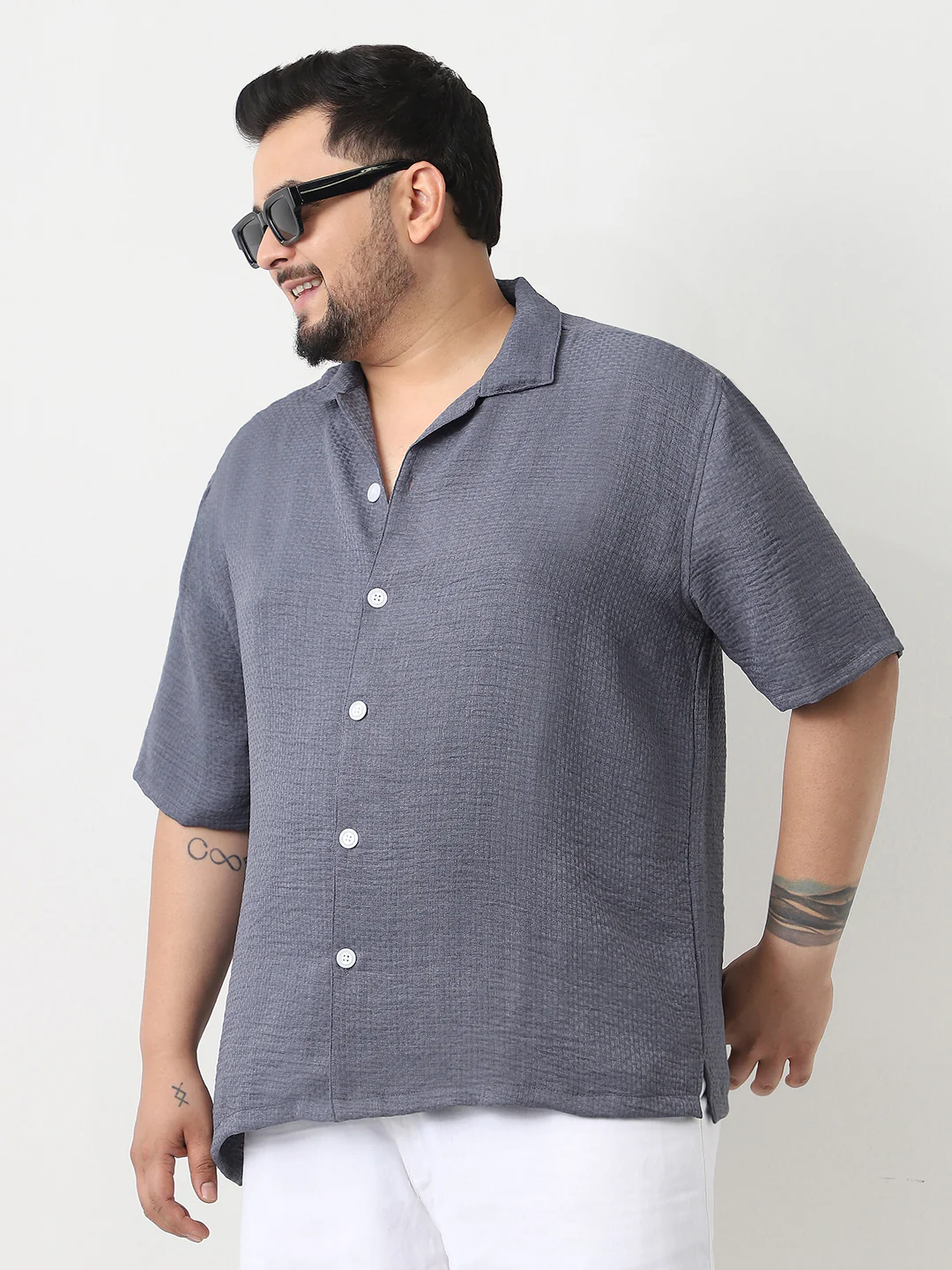 Plus Men's Slate Blue Cotton Half Sleeve Oversized Fit Textured Shirt with Cuban Collar - Image 2