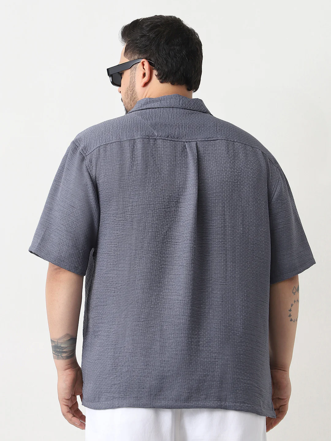 Plus Men's Slate Blue Cotton Half Sleeve Oversized Fit Textured Shirt with Cuban Collar - Image 3