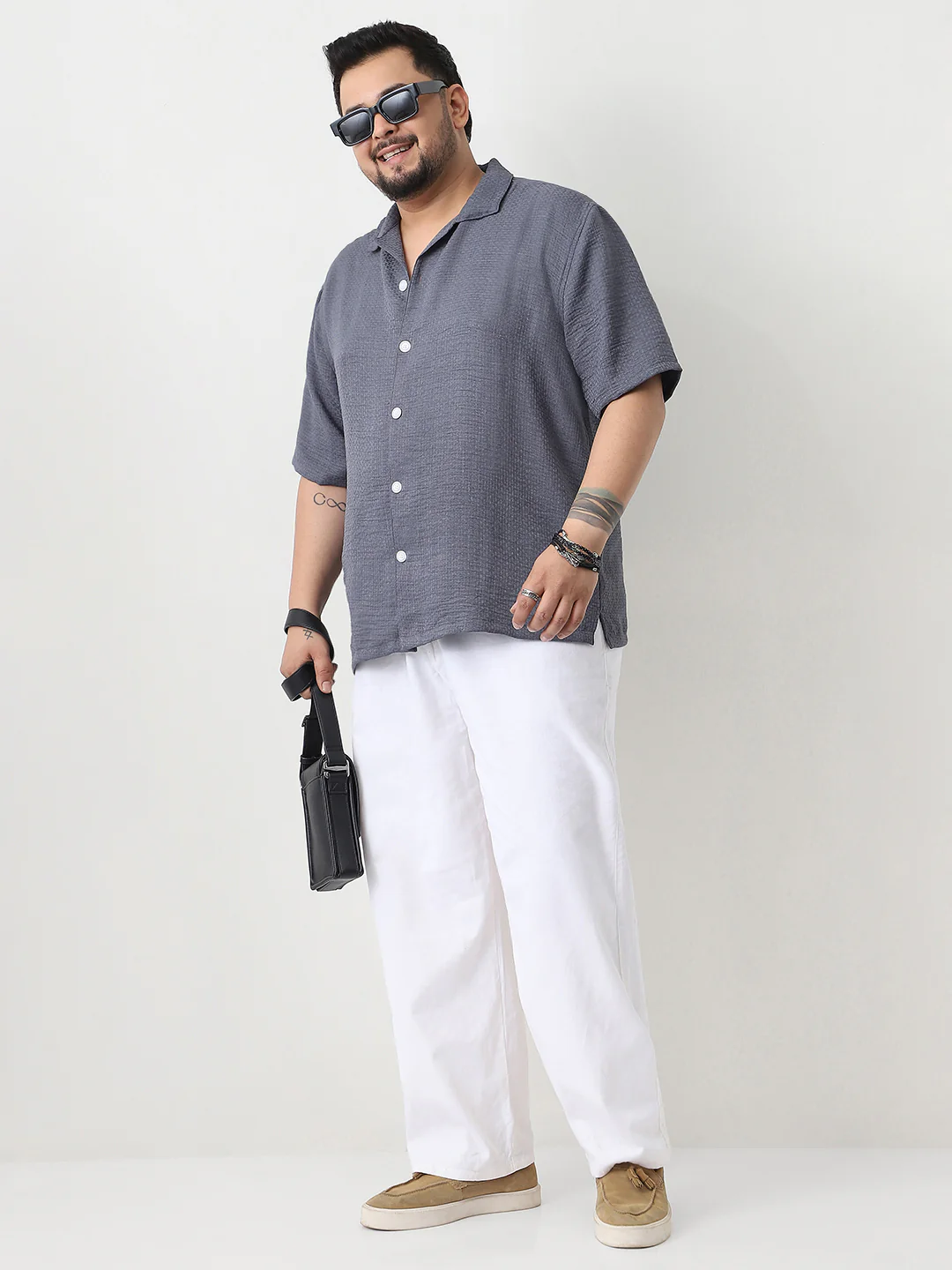 Plus Men's Slate Blue Cotton Half Sleeve Oversized Fit Textured Shirt with Cuban Collar - Image 4