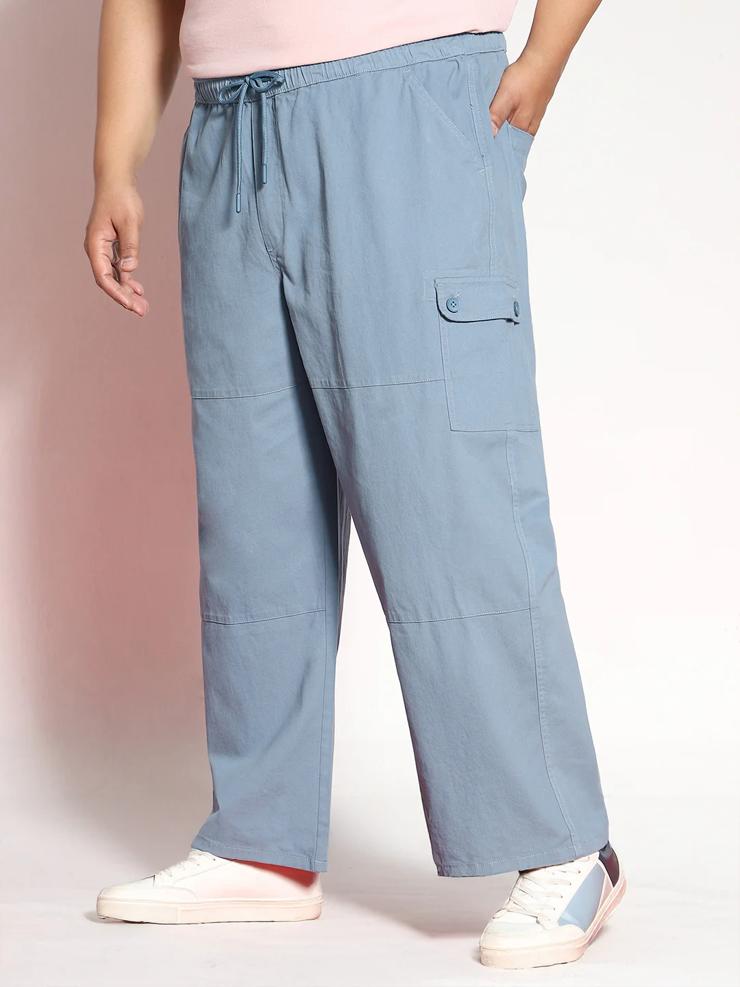 Plus Men's Steel Blue Loose Baggy Fit Cargo Jogger Chino Pant with 6 Pockets Stretchable - Image 2