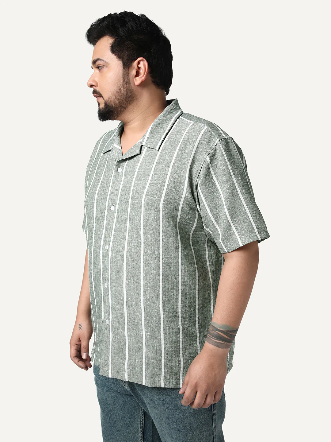 Plus Men's Steel Cotton Half Sleeve Relaxed Fit Linen Striped Shirt with Cuban Collar - Image 2