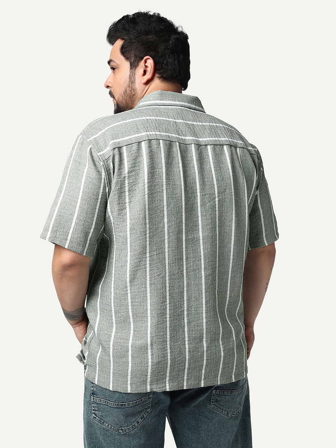 Plus Men's Steel Cotton Half Sleeve Relaxed Fit Linen Striped Shirt with Cuban Collar - Image 3