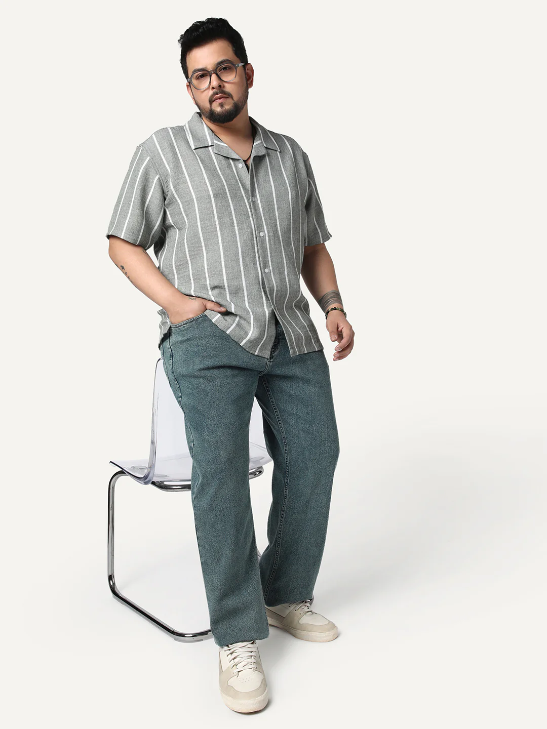 Plus Men's Steel Cotton Half Sleeve Relaxed Fit Linen Striped Shirt with Cuban Collar - Image 4