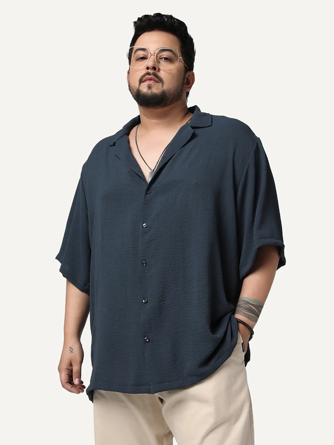 Plus Men's Steel Cotton Half Sleeve Relaxed Fit Textured Shirt with Cuban Collar