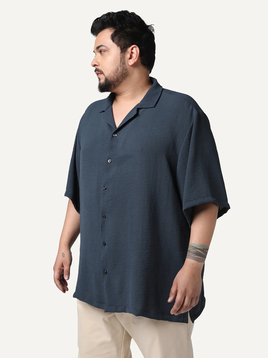 Plus Men's Steel Cotton Half Sleeve Relaxed Fit Textured Shirt with Cuban Collar - Image 2