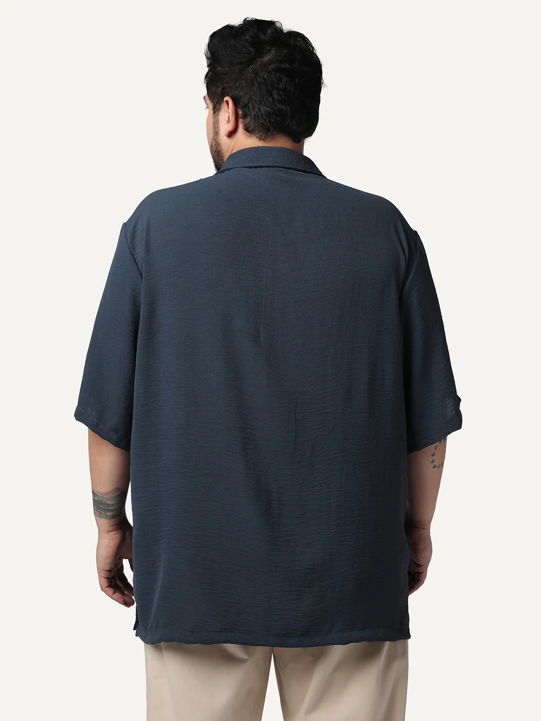 Plus Men's Steel Cotton Half Sleeve Relaxed Fit Textured Shirt with Cuban Collar - Image 3