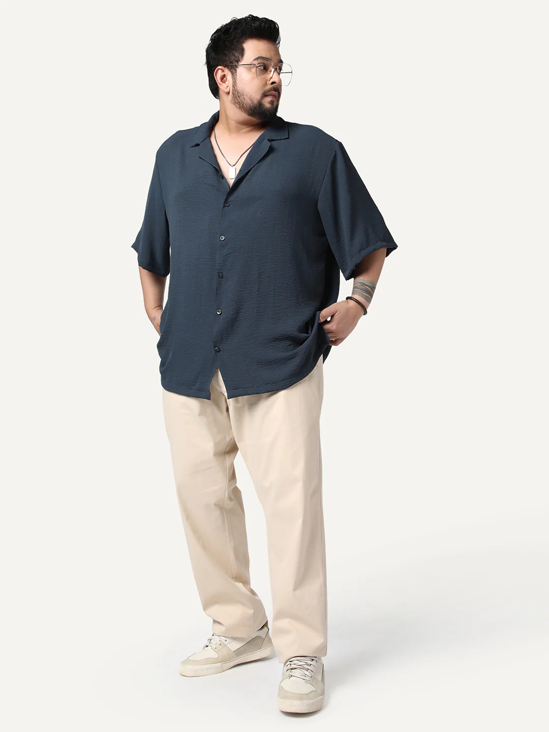 Plus Men's Steel Cotton Half Sleeve Relaxed Fit Textured Shirt with Cuban Collar - Image 4