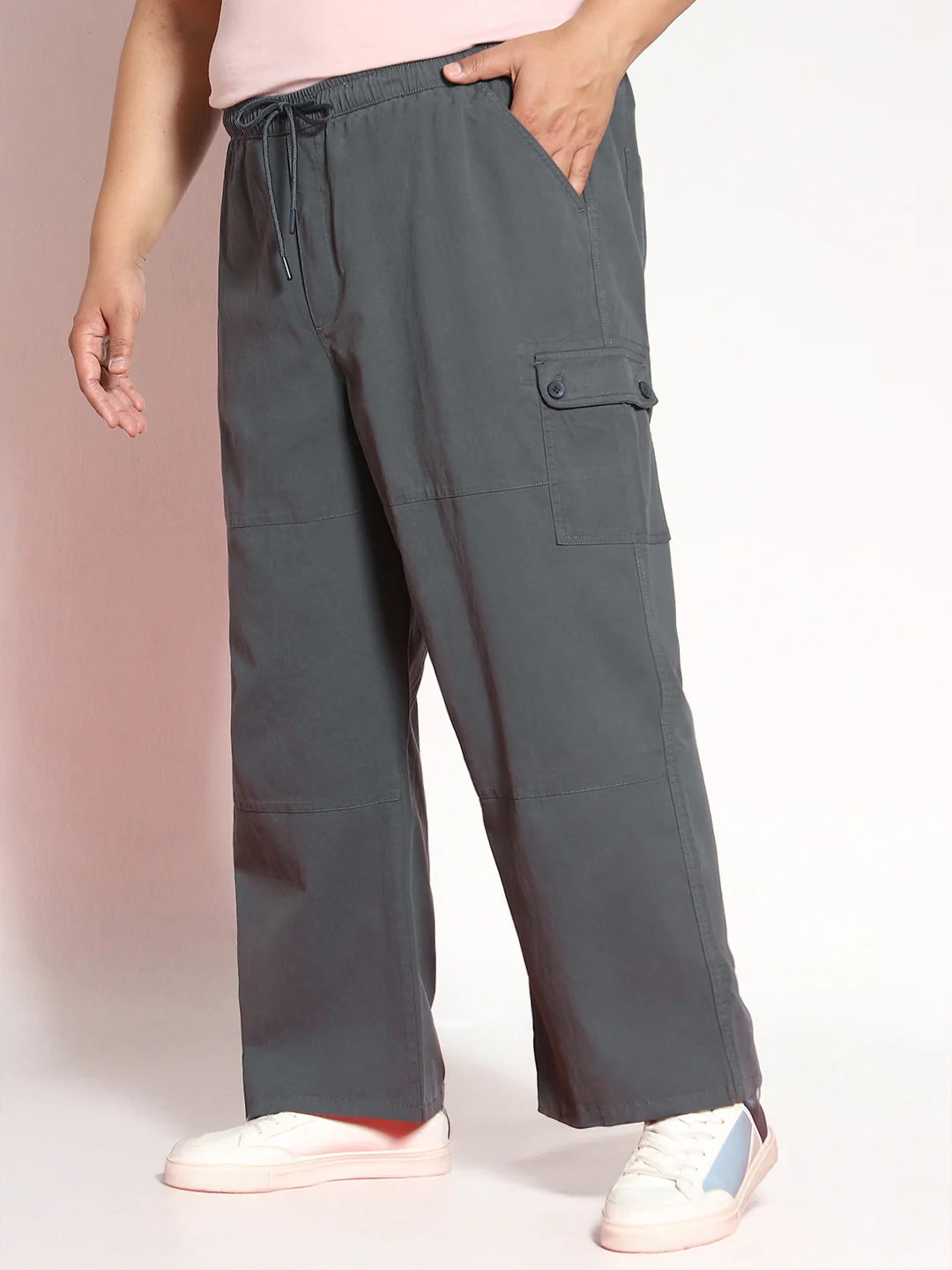 Plus Men's Steel Grey Loose Baggy Fit Cargo Jogger Chino Pant with 6 Pockets Stretchable - Image 2