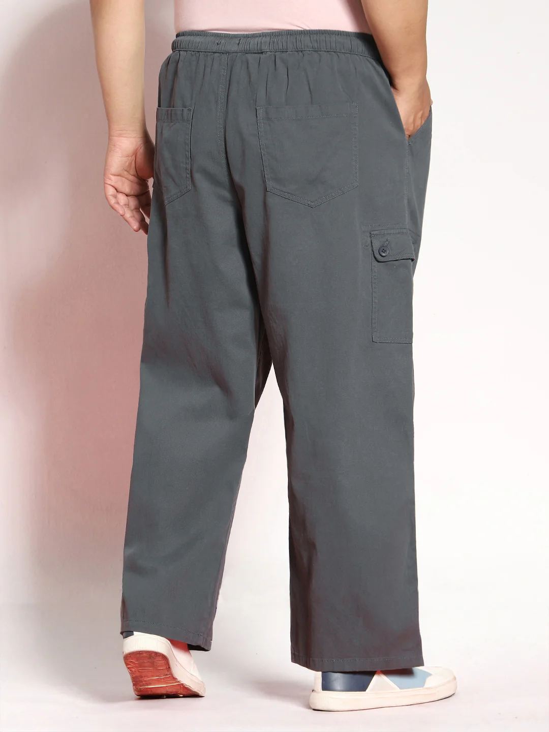 Plus Men's Steel Grey Loose Baggy Fit Cargo Jogger Chino Pant with 6 Pockets Stretchable - Image 3