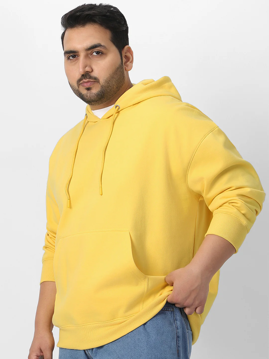 Plus Men's Sun Yellow Cotton Solid Oversized Hooded Neck Sweatshirt - Image 2