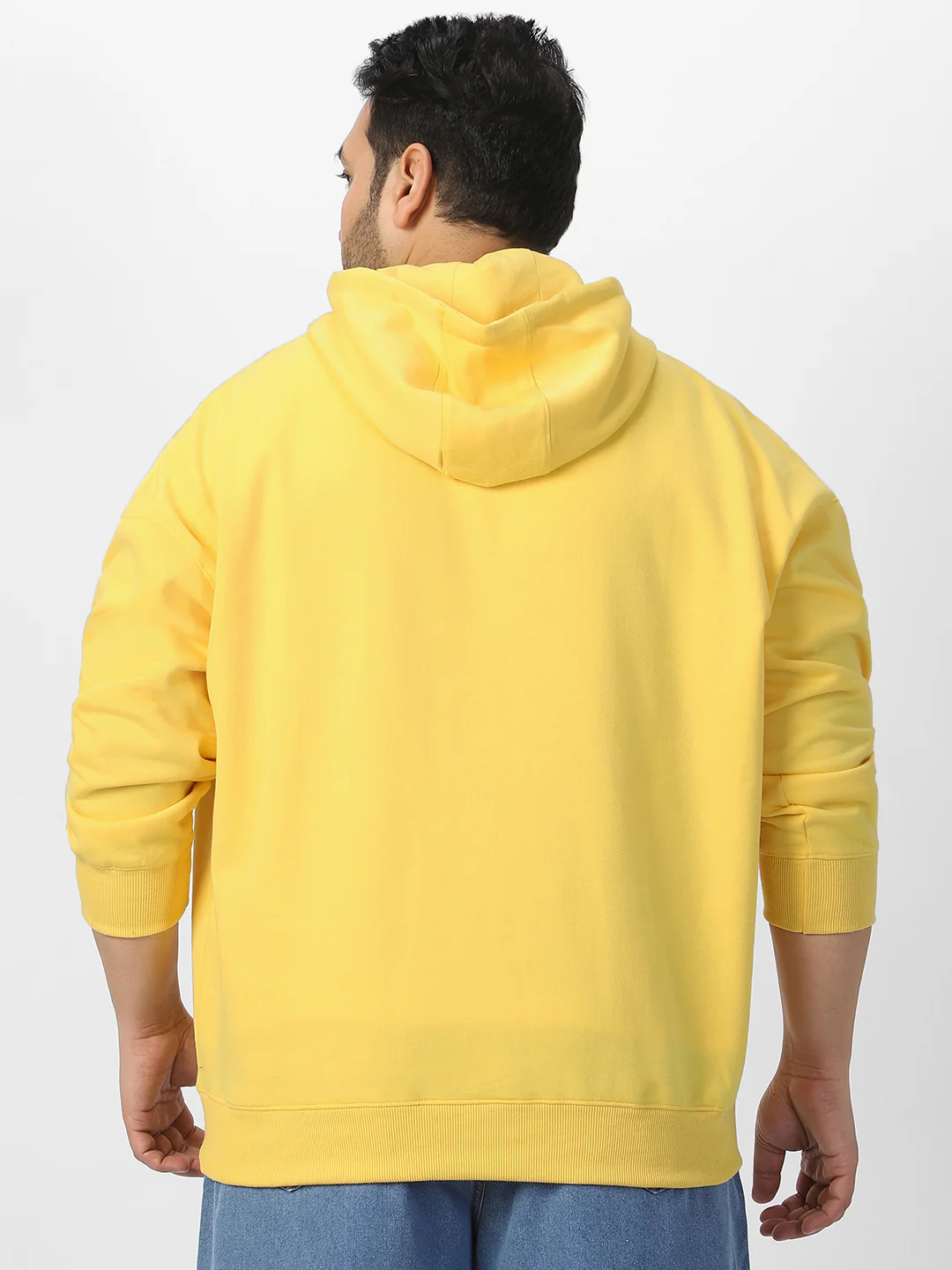 Plus Men's Sun Yellow Cotton Solid Oversized Hooded Neck Sweatshirt - Image 3