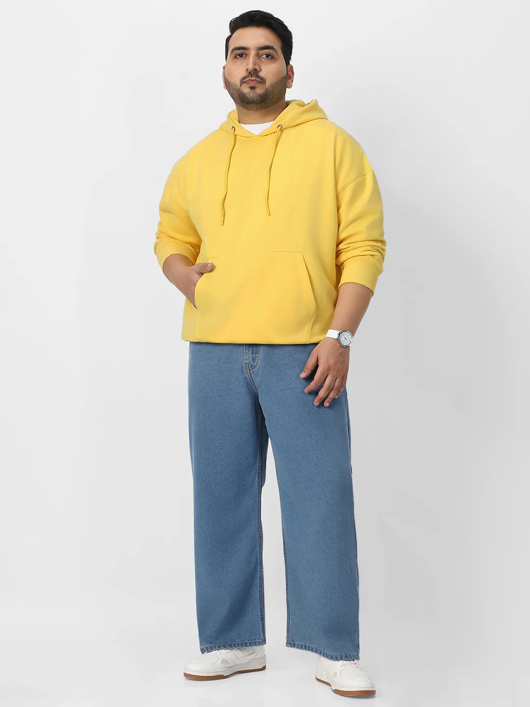 Plus Men's Sun Yellow Cotton Solid Oversized Hooded Neck Sweatshirt - Image 4