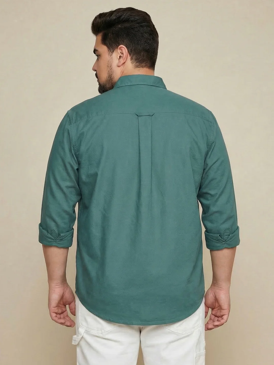Plus Men's Teal Green Cotton Full Sleeve Regular Fit Solid Oxford Shirt With Button-Down Collar - Image 3