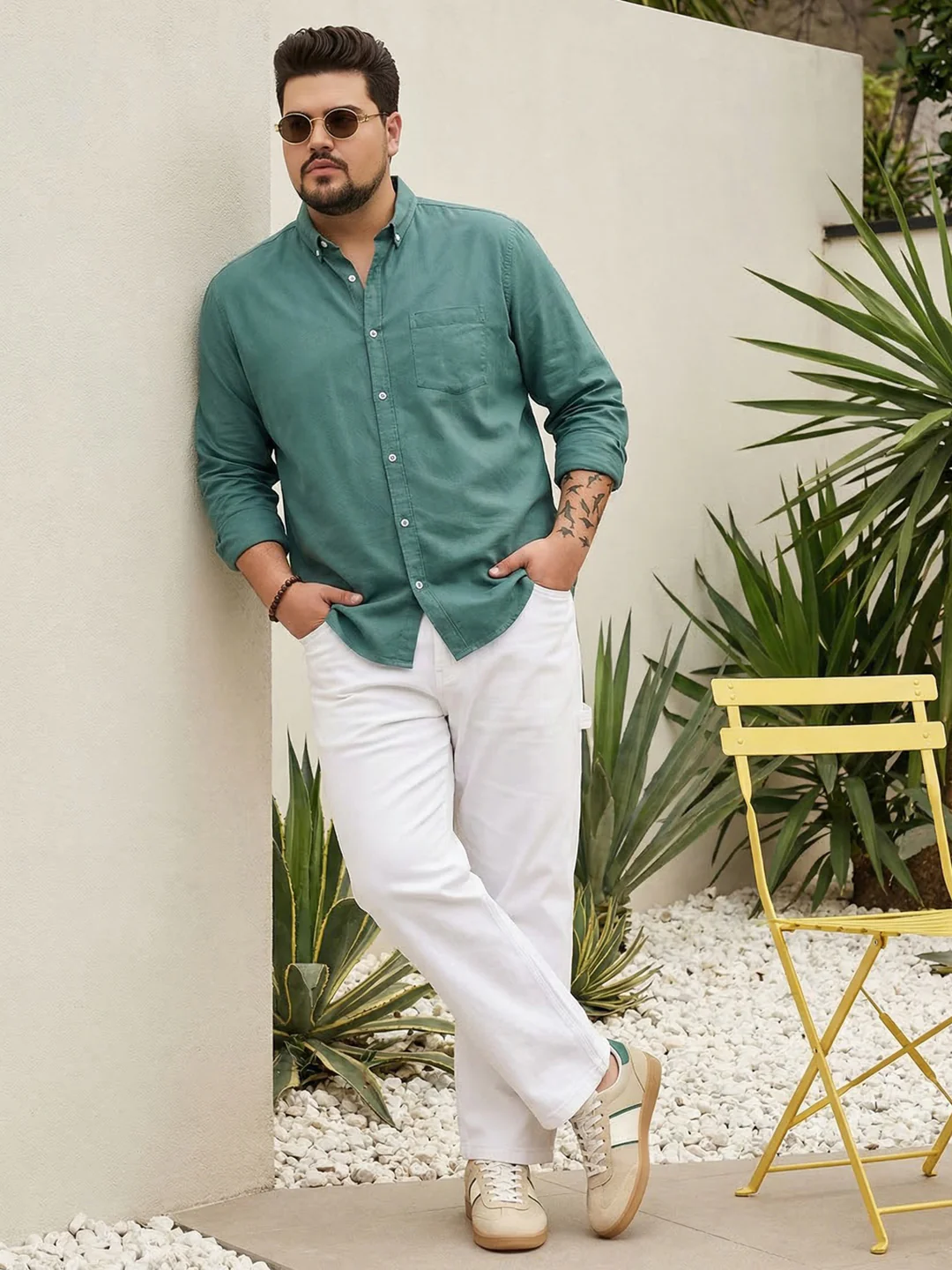Plus Men's Teal Green Cotton Full Sleeve Regular Fit Solid Oxford Shirt With Button-Down Collar - Image 4