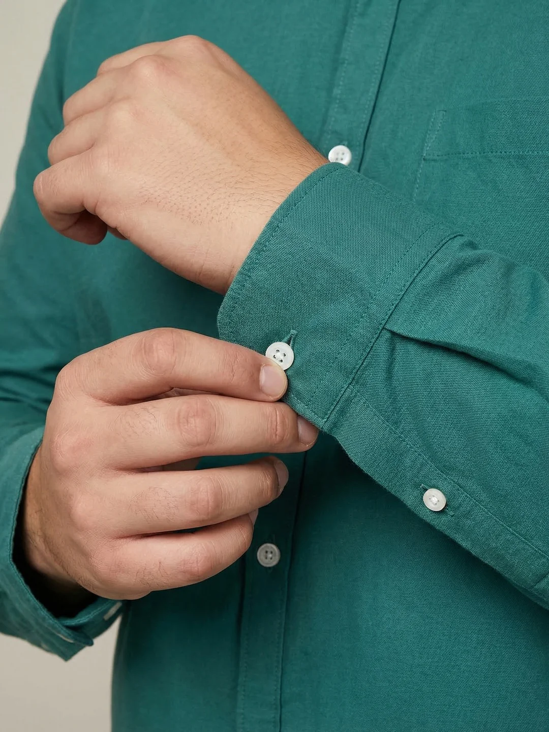Plus Men's Teal Green Cotton Full Sleeve Regular Fit Solid Oxford Shirt With Button-Down Collar - Image 5