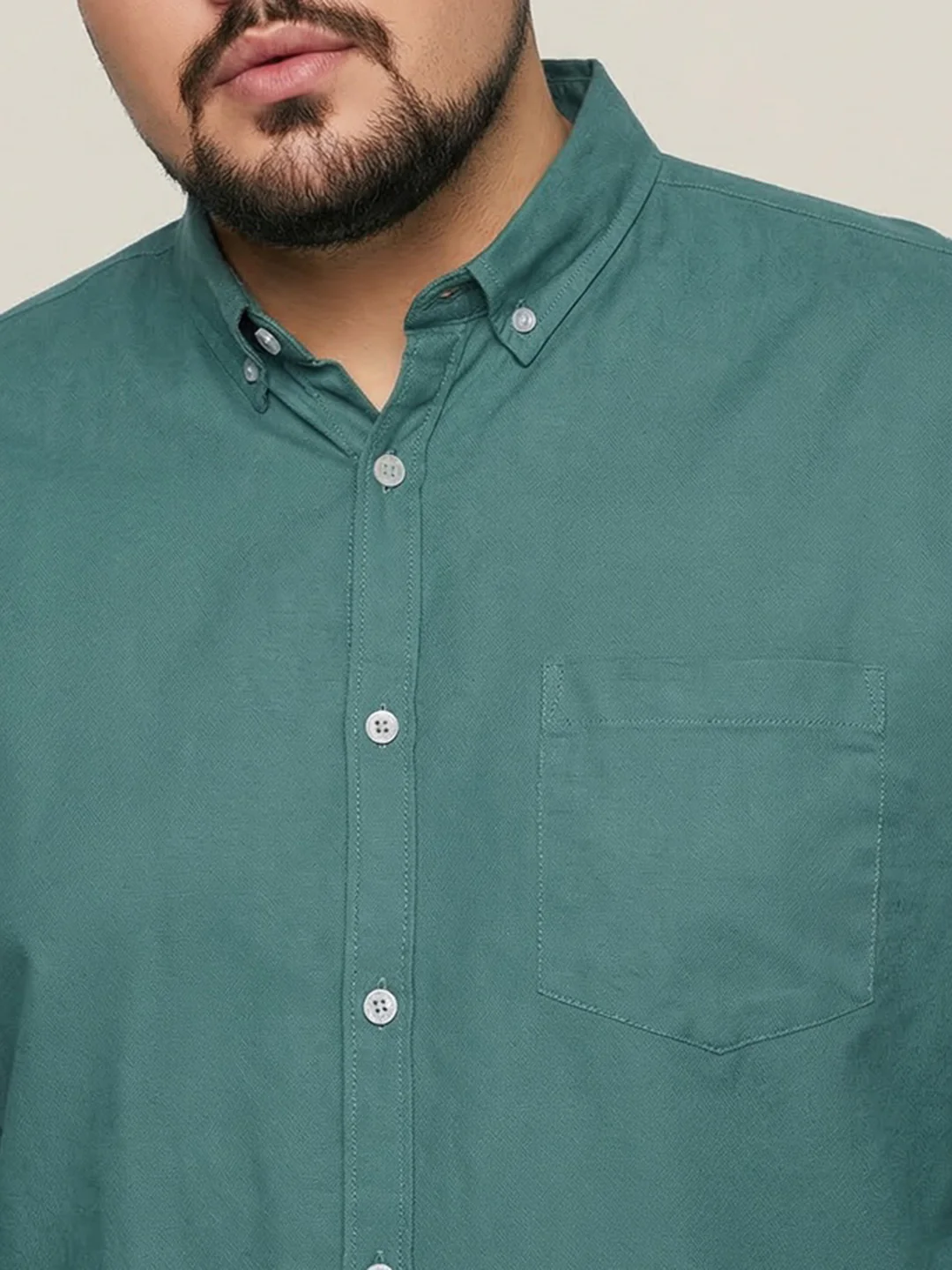 Plus Men's Teal Green Cotton Full Sleeve Regular Fit Solid Oxford Shirt With Button-Down Collar - Image 6