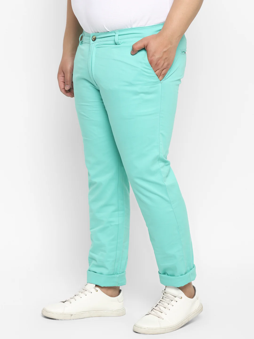 Plus Men's Teal Green Cotton Regular Fit Casual Chinos Trousers Stretch - Image 2