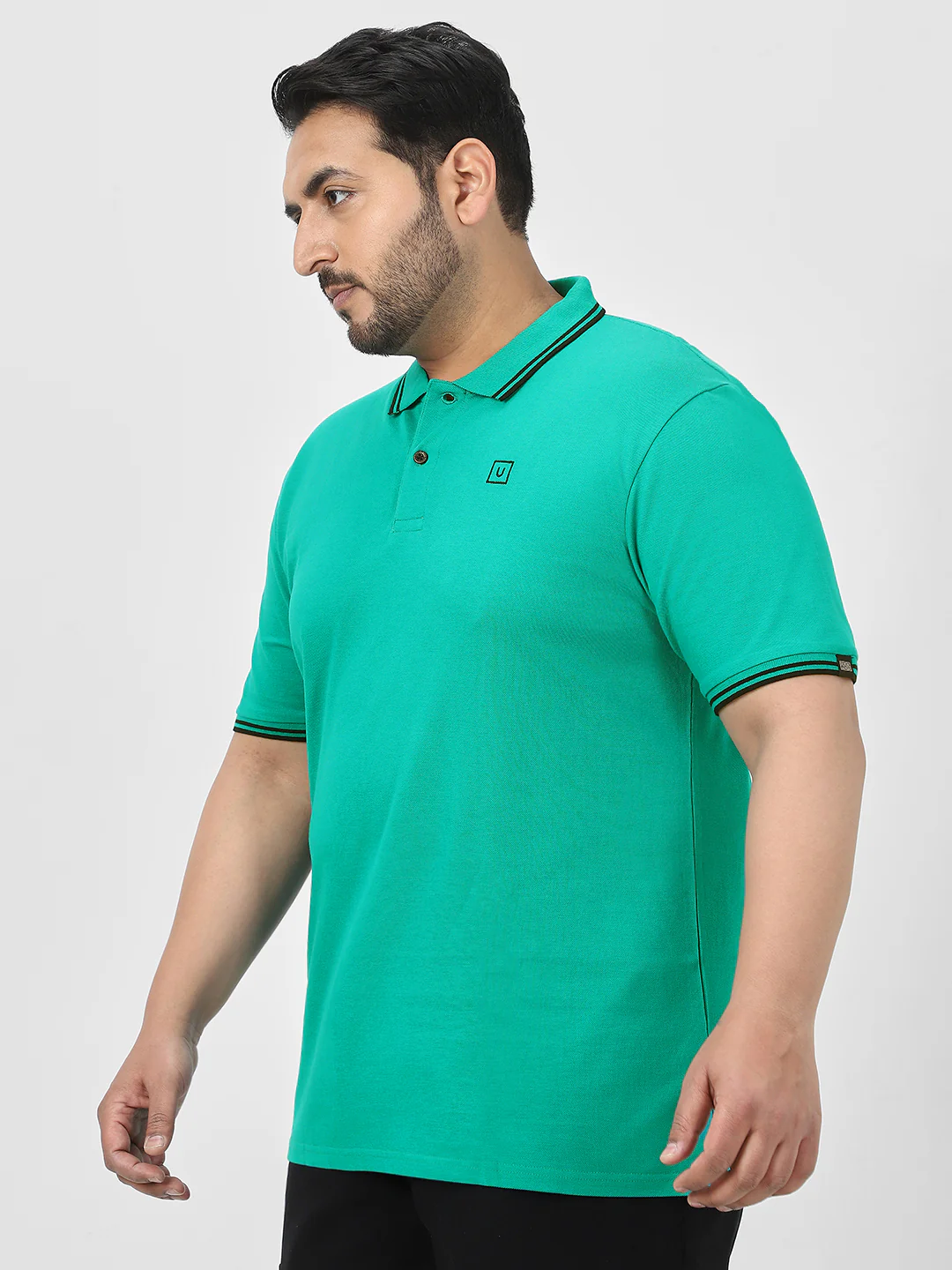 Plus Men's Teal Green Solid Cotton Polo T-Shirt - Image 3