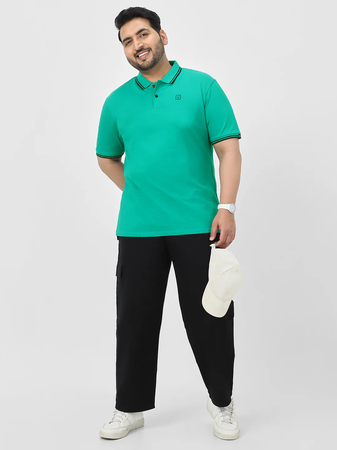 Plus Men's Teal Green Solid Cotton Polo T-Shirt - Image 5