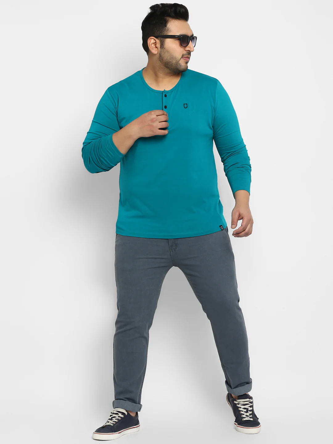 Plus Men's Teal Green Solid Henley Neck Regular Fit Full Sleeve Cotton T-Shirt - Image 2