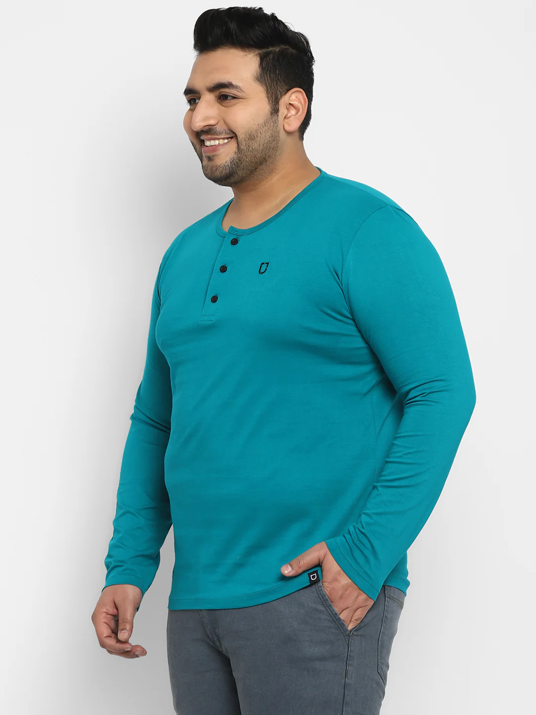Plus Men's Teal Green Solid Henley Neck Regular Fit Full Sleeve Cotton T-Shirt - Image 3