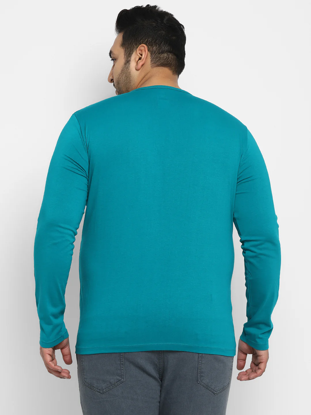 Plus Men's Teal Green Solid Henley Neck Regular Fit Full Sleeve Cotton T-Shirt - Image 4
