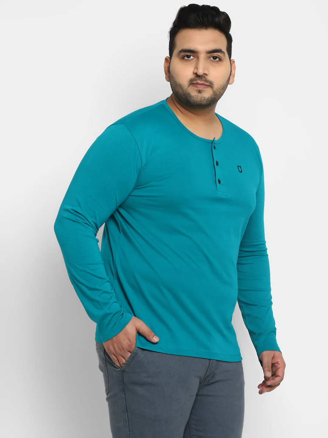 Plus Men's Teal Green Solid Henley Neck Regular Fit Full Sleeve Cotton T-Shirt - Image 5