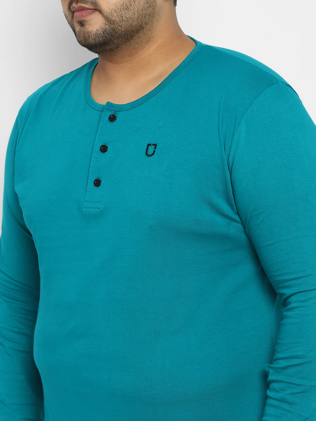 Plus Men's Teal Green Solid Henley Neck Regular Fit Full Sleeve Cotton T-Shirt - Image 6