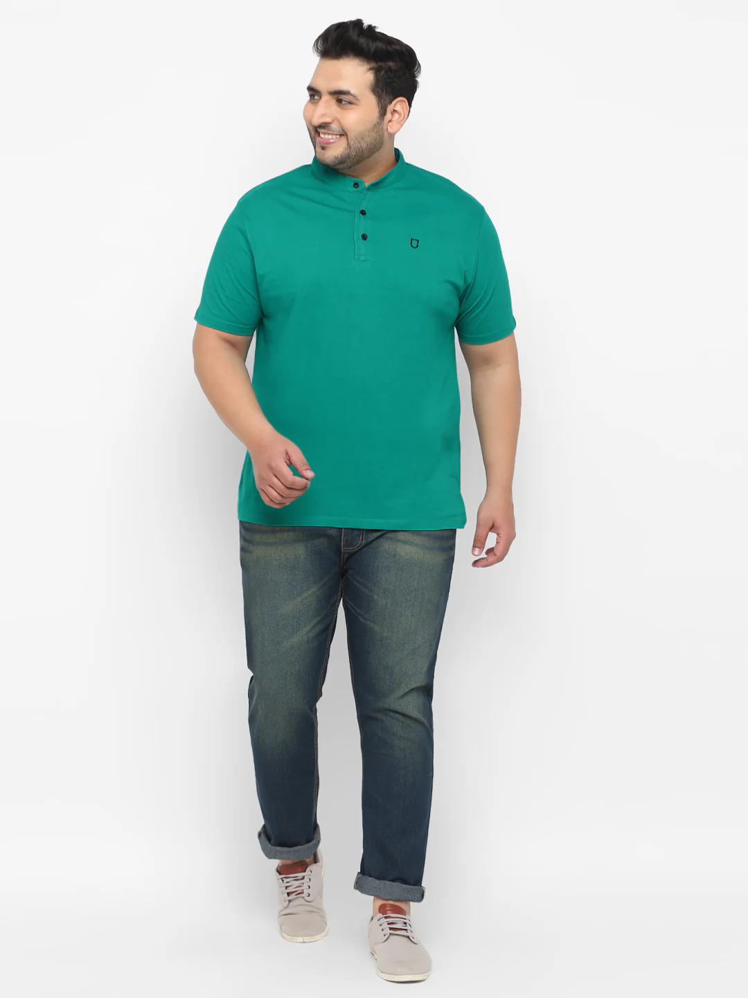 Plus Men's Teal Green Solid Mandarin Collar Regular Fit Cotton T-Shirt - Image 3