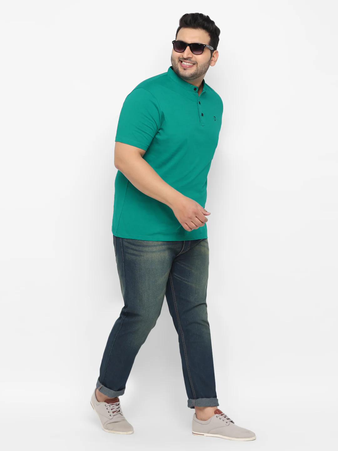 Plus Men's Teal Green Solid Mandarin Collar Regular Fit Cotton T-Shirt - Image 4