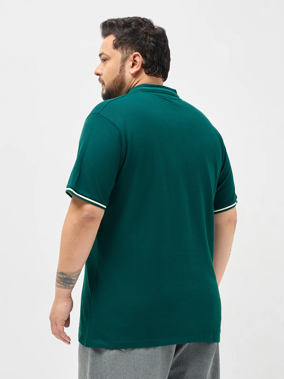 Plus Men's Teal Green Solid Regular Fit Half Sleeve Cotton Polo T-Shirt - Image 3