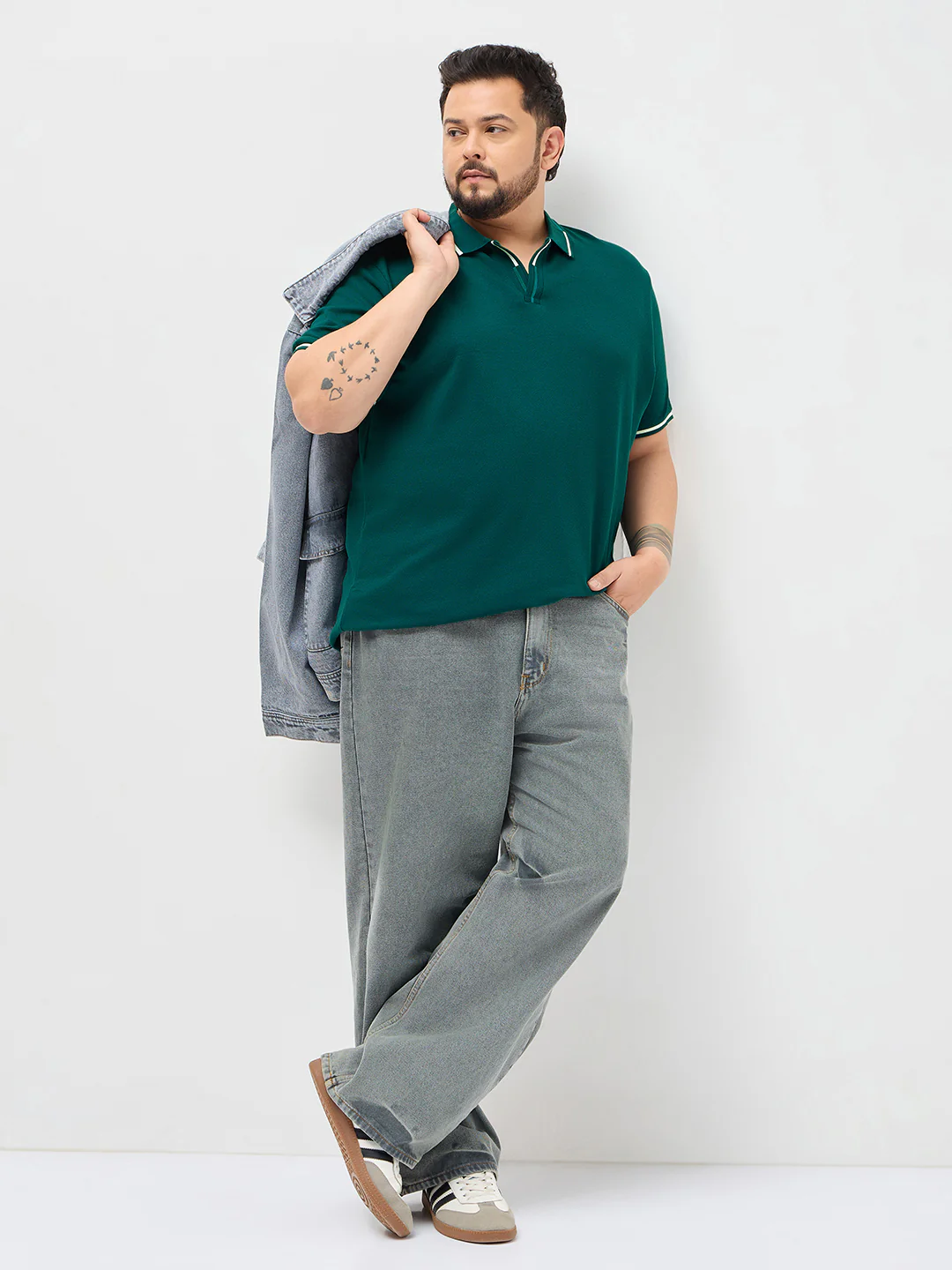 Plus Men's Teal Green Solid Regular Fit Half Sleeve Cotton Polo T-Shirt - Image 4