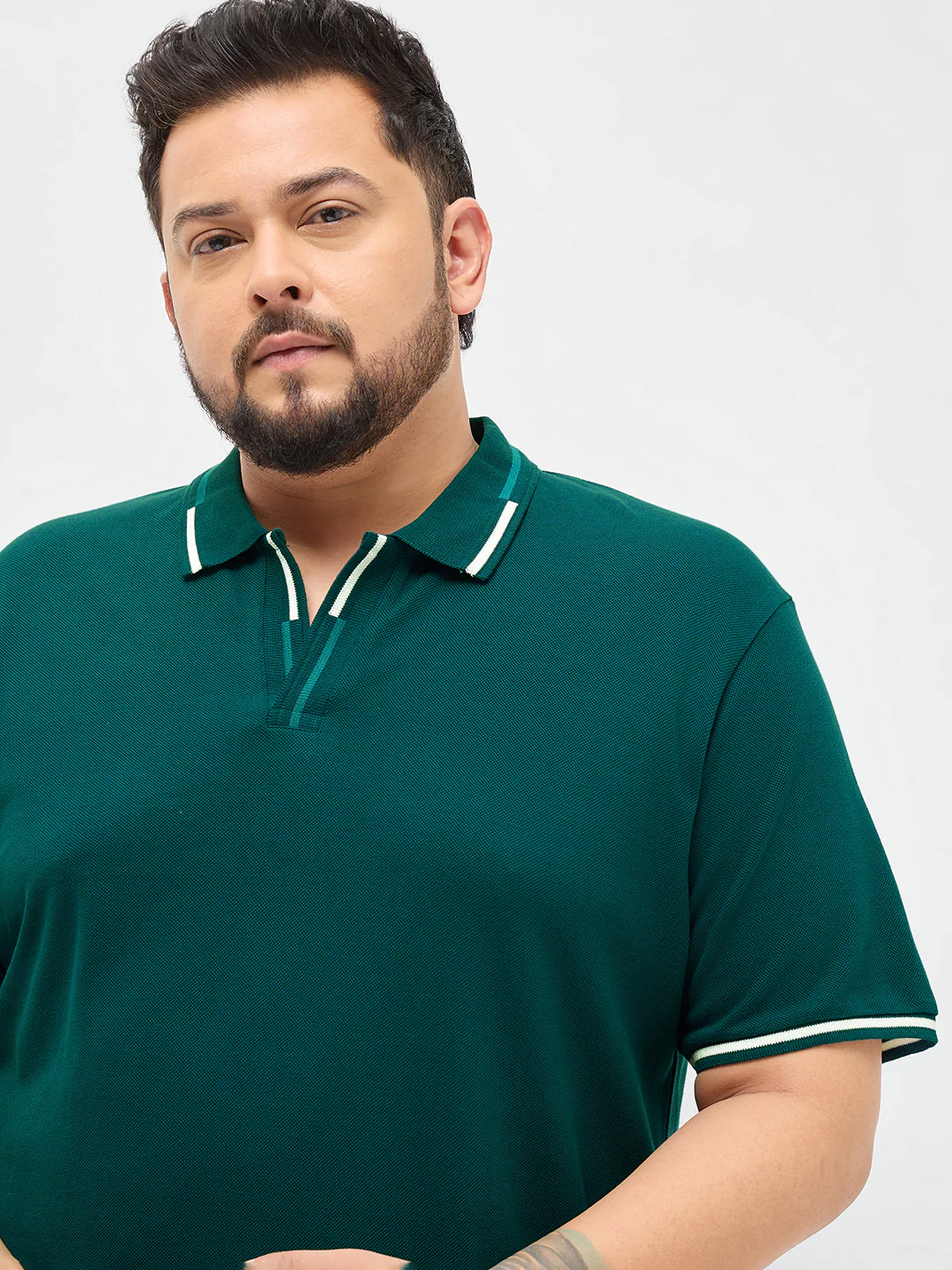 Plus Men's Teal Green Solid Regular Fit Half Sleeve Cotton Polo T-Shirt - Image 5
