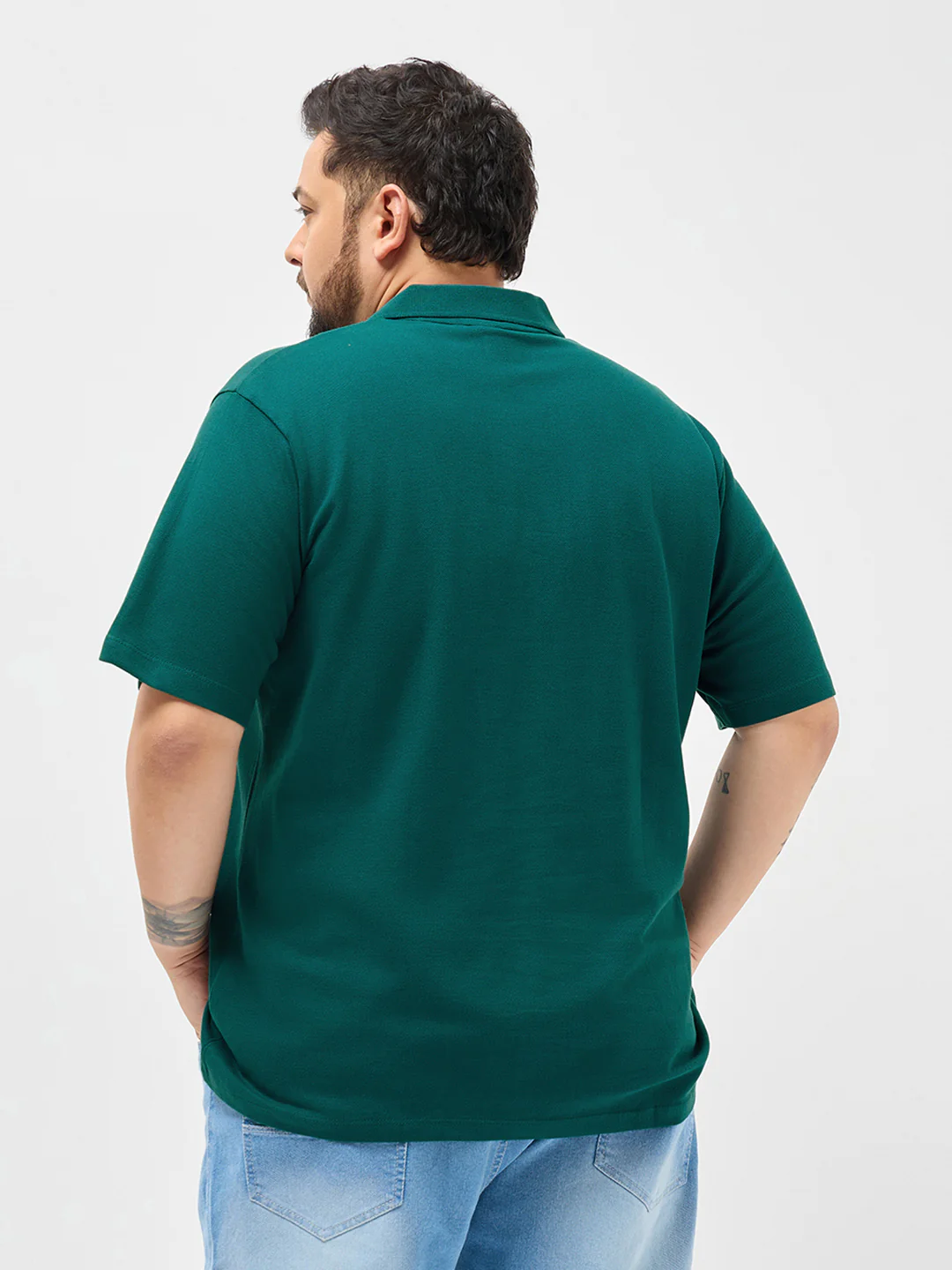 Plus Men's Teal Green Solid Regular Fit Half Sleeve Cotton Polo T-Shirt - Image 3