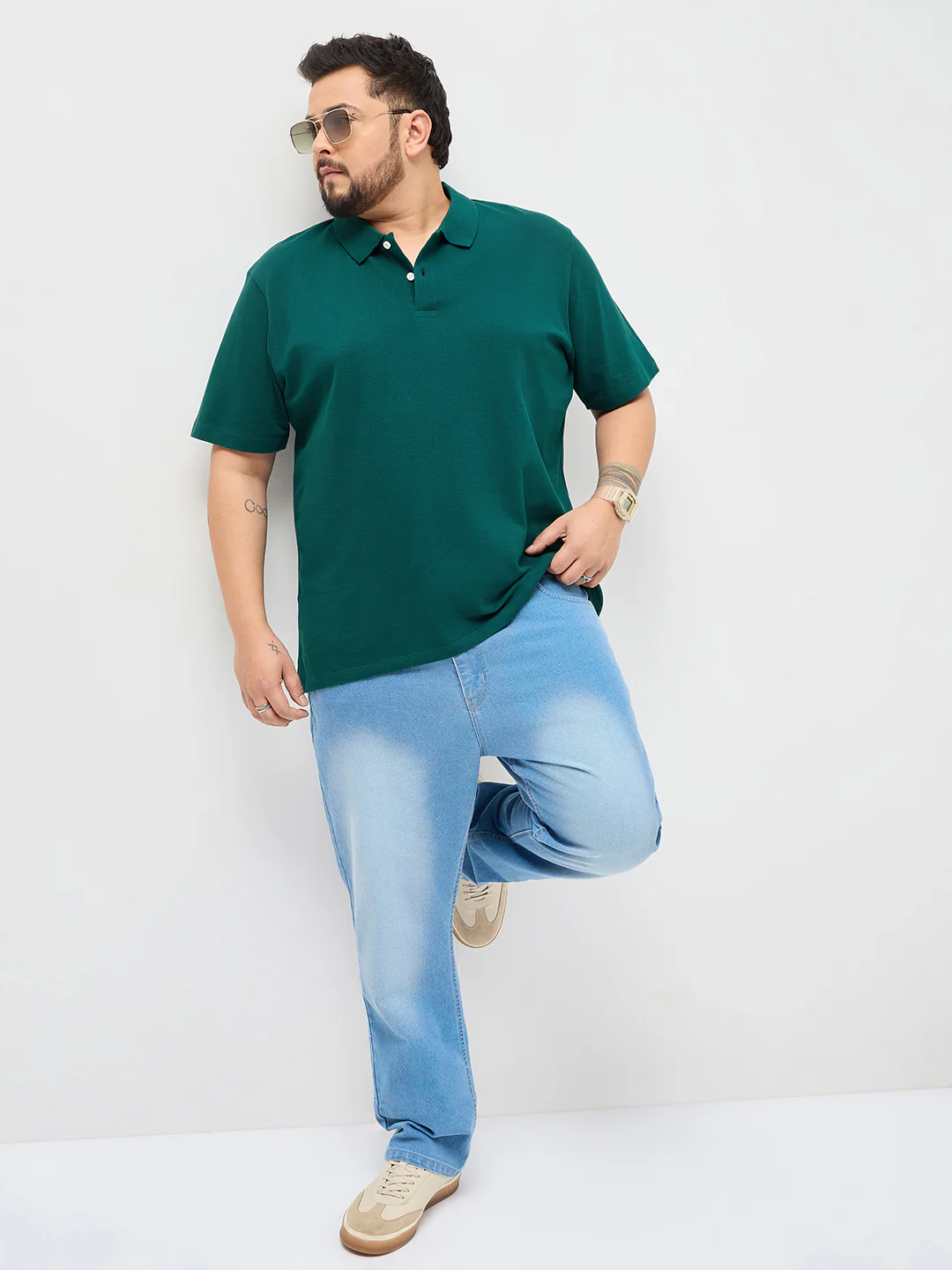 Plus Men's Teal Green Solid Regular Fit Half Sleeve Cotton Polo T-Shirt - Image 4